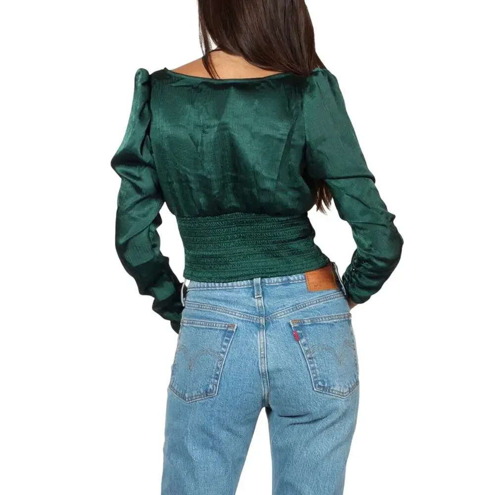 Free People Smocked Waist Satin Crop Top Blouse Emerald Green Long Sleeve XS